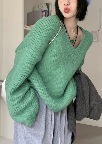 Green V Neck Cotton Knit Sweaters Long Sleeve