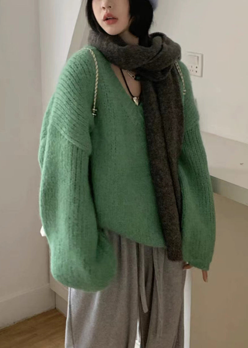 Green V Neck Cotton Knit Sweaters Long Sleeve