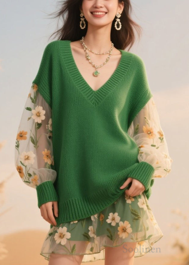 Green V Neck Tulle Patchwork Knit Sweaters Fall