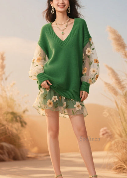 Green V Neck Tulle Patchwork Knit Sweaters Fall