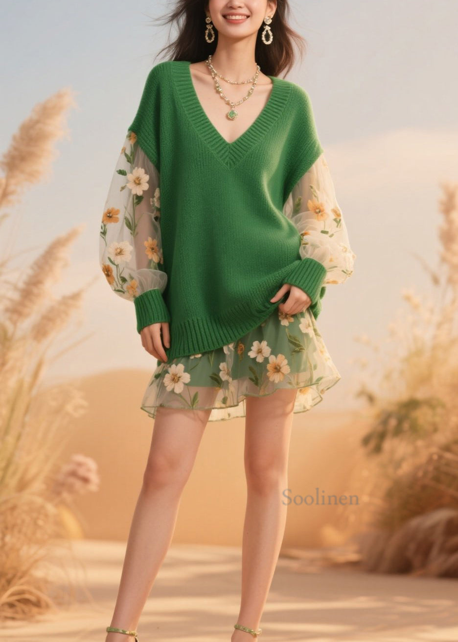 Green V Neck Tulle Patchwork Knit Sweaters Fall