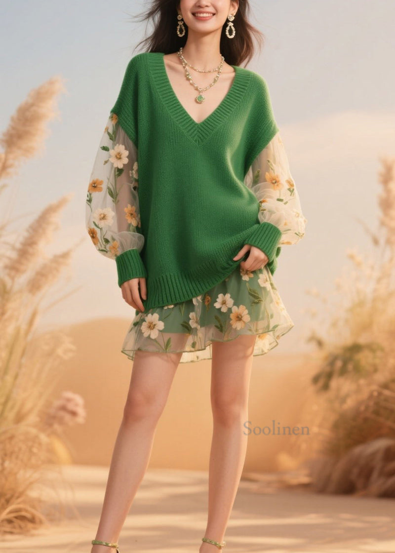 Green V Neck Tulle Patchwork Knit Sweaters Fall