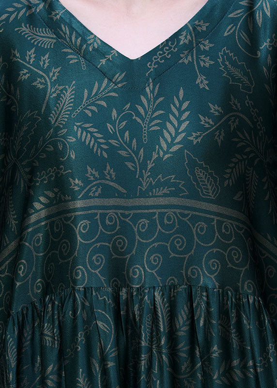 Green V Neck Wrinkled Print Silk Maxi Dresses Bracelet Sleeve