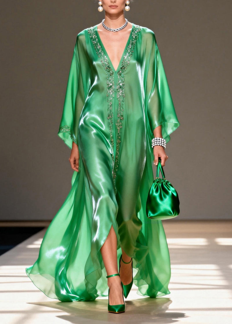 Green V Neck Zircon Chiffon Long Dresses Summer