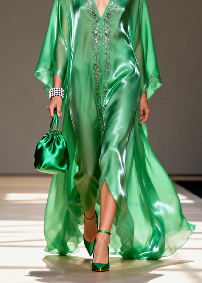 Green V Neck Zircon Chiffon Long Dresses Summer
