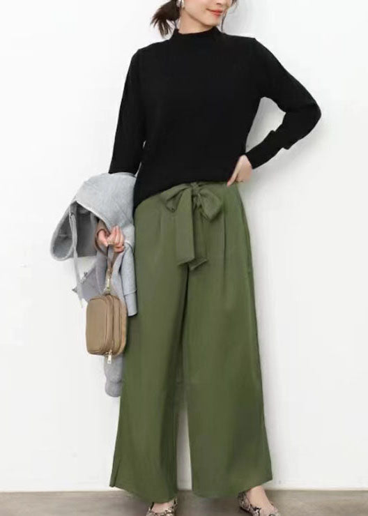 Green Wrinkled Bow Pockets Cotton Crop Pants Summer