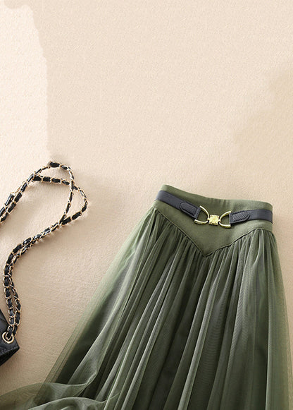 Green Wrinkled Elastic Waist Patchwork Tulle Skirts Fall