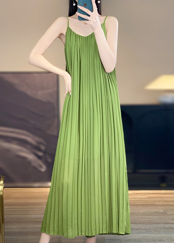 Green Wrinkled Cotton Spaghetti Strap Dress Sleeveless
