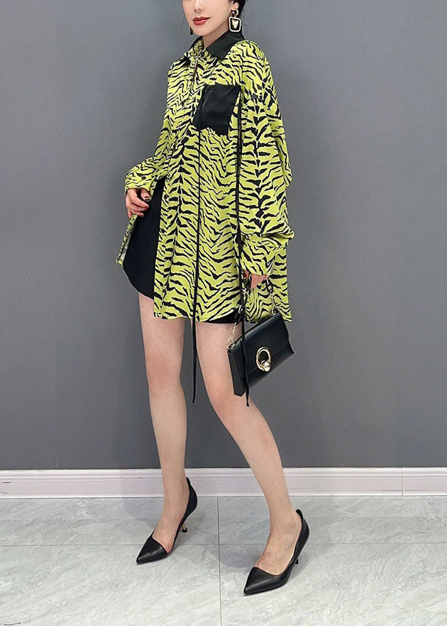 Green Zebra Pattern Patchwork Pocket Chiffon Tops Spring