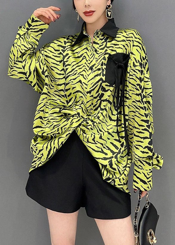 Green Zebra Pattern Patchwork Pocket Chiffon Tops Spring