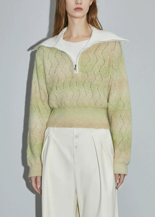 Green Zip Up Hollow Out Wool Knit Sweater Spring