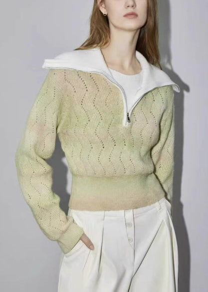 Green Zip Up Hollow Out Wool Knit Sweater Spring