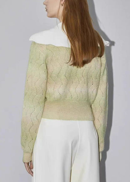 Green Zip Up Hollow Out Wool Knit Sweater Spring