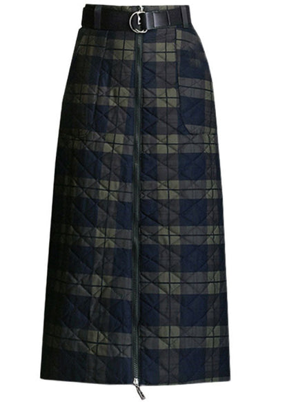 Green Zip Up Plaid Fine Cotton Filled Skirts Winter