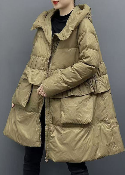 Green Zippered Patchwork Pockets Hooded Parka Winter