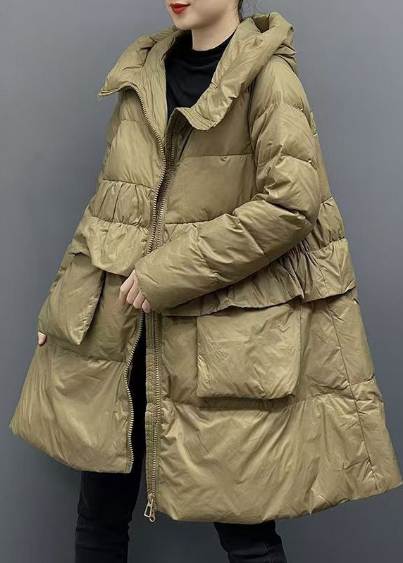 Green Zippered Patchwork Pockets Hooded Parka Winter