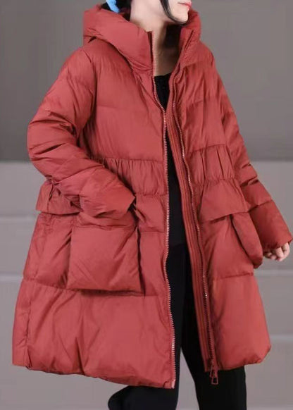 Green Zippered Patchwork Pockets Hooded Parka Winter