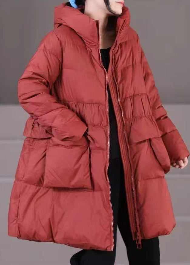 Green Zippered Patchwork Pockets Hooded Parka Winter