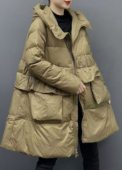Green Zippered Patchwork Pockets Hooded Parka Winter
