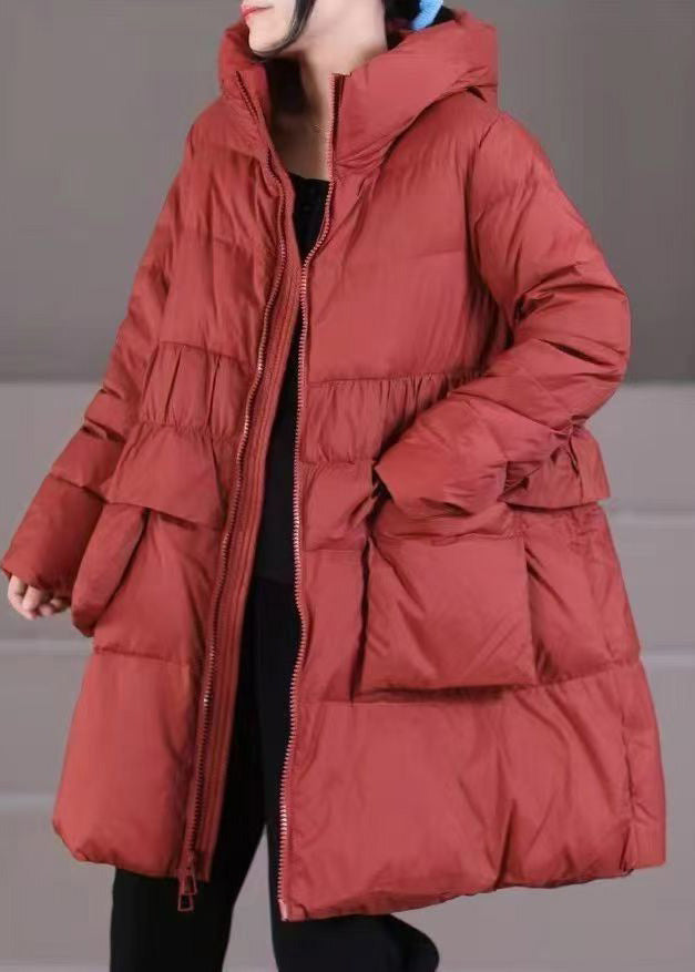 Green Zippered Patchwork Pockets Hooded Parka Winter