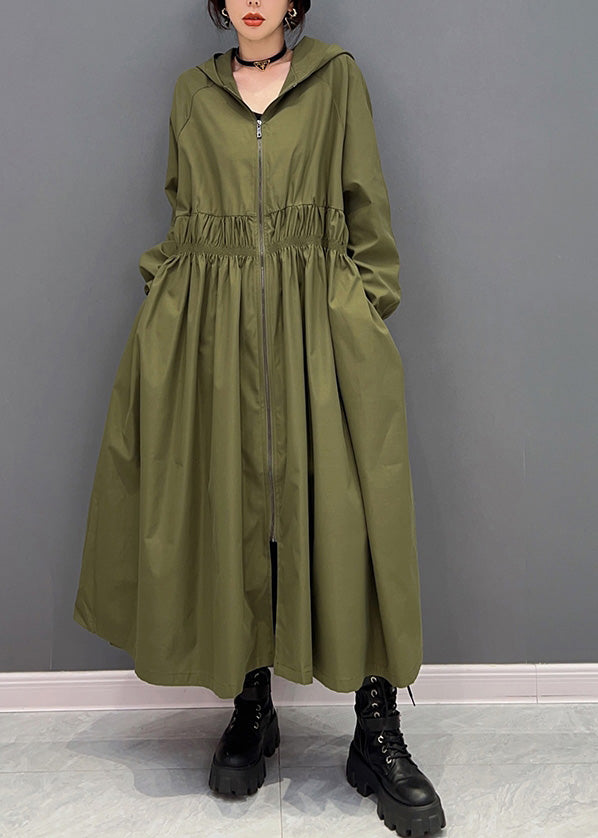 Green Zippered Wrinkled Hooded Long Trench Coats Spring