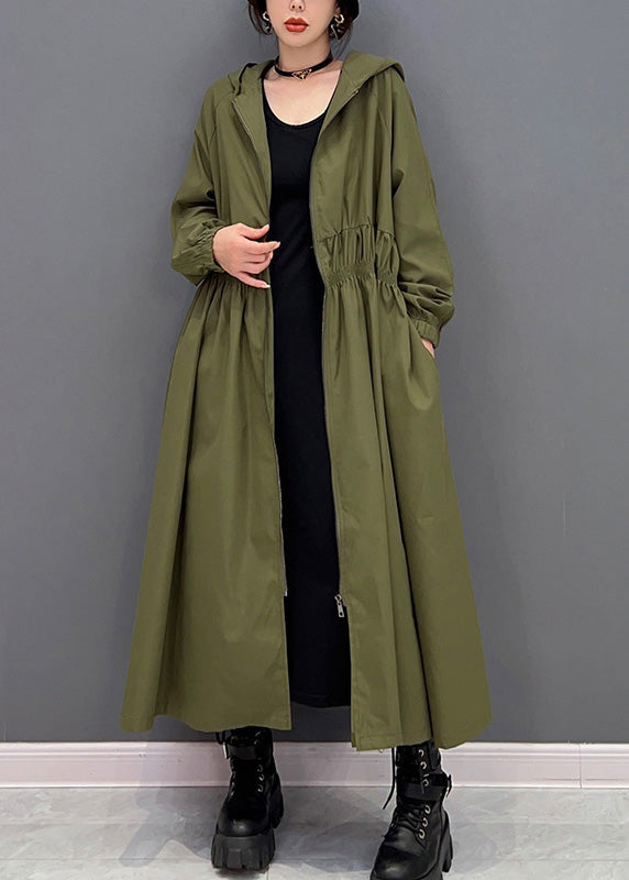 Green Zippered Wrinkled Hooded Long Trench Coats Spring