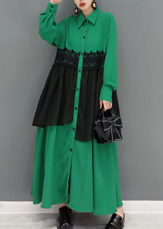 Green Button Peter Pan Collar Lace Patchwork Shirt Dress Spring