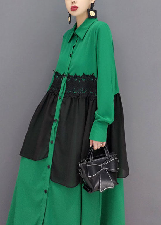 Green Button Peter Pan Collar Lace Patchwork Shirt Dress Spring