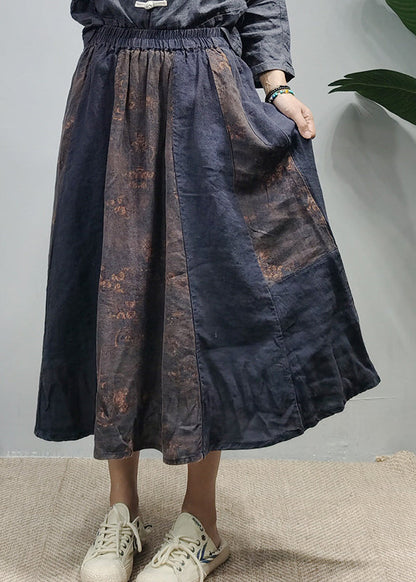 Green Elastic Waist Pockets Print Patchwork Linen Skirts Spring