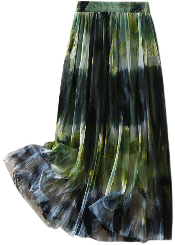 Green High Waist Print Tulle Skirt Spring