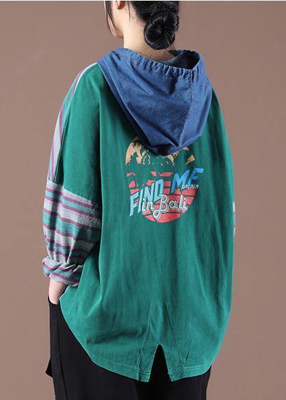 Women Green on the Back Loose Drawstring Organic Autumn Tops