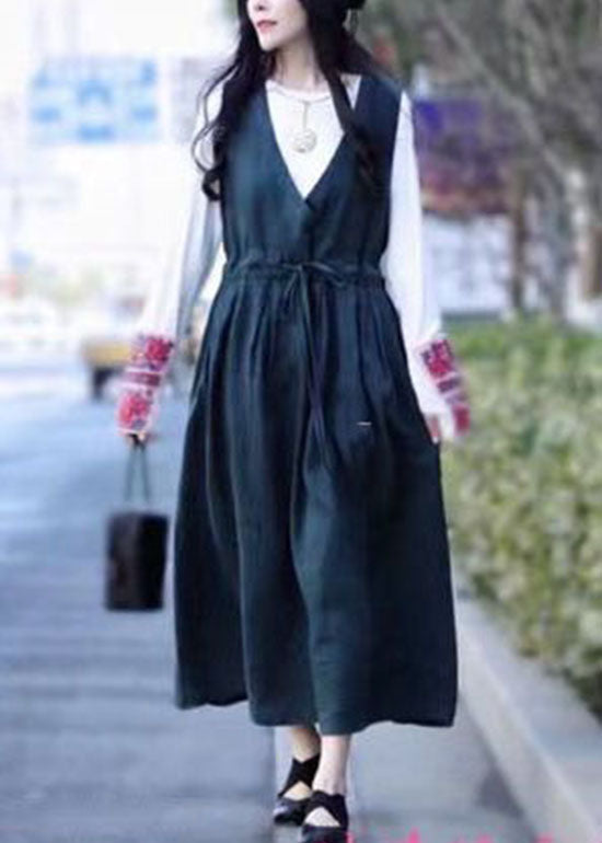 Green Tie Waist V Neck Linen Vacation Dresses Spring