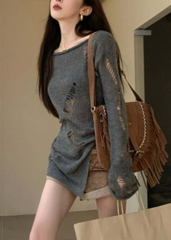 Grey Asymmetrical Hollow Out Knit Sweater Spring