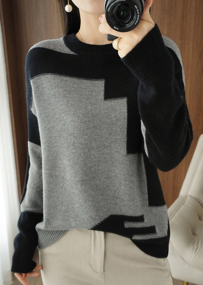Grey Asymmetrical Patchwork Wool Knit Top Fall