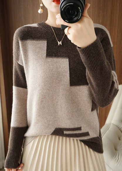 Grey Asymmetrical Patchwork Wool Knit Top Fall