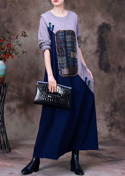Grey Blue Patchwork Oriental Button Knit Sweater Dress Long Sleeve