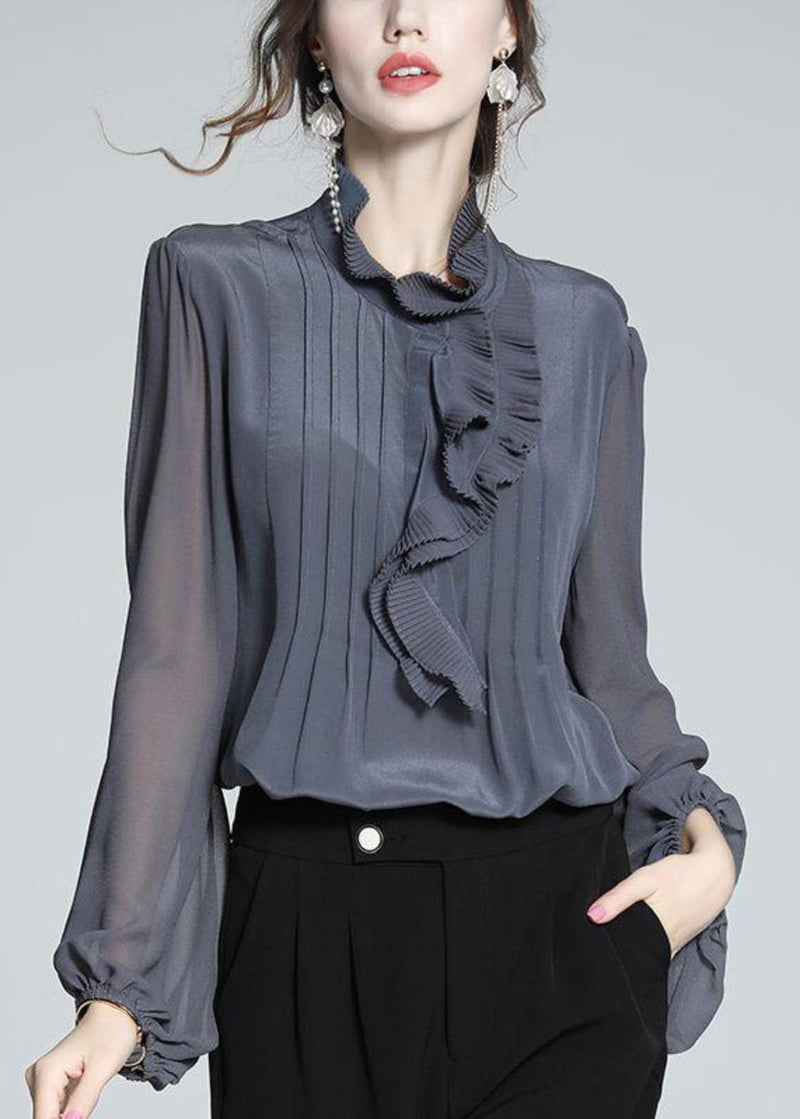 Grey Blue Ruffled Patchwork Chiffon Shirts Spring