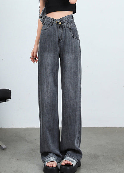 Grey Button High Waist Denim Pants Spring