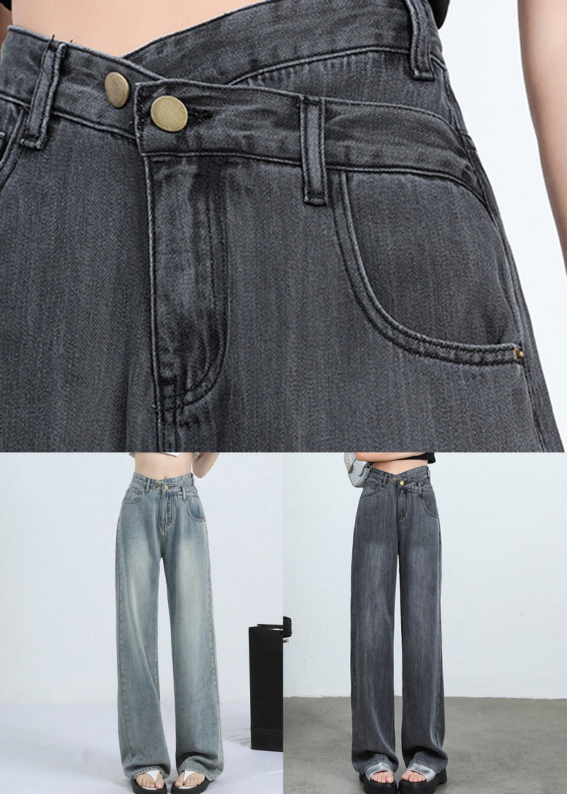 Grey Button High Waist Denim Pants Spring