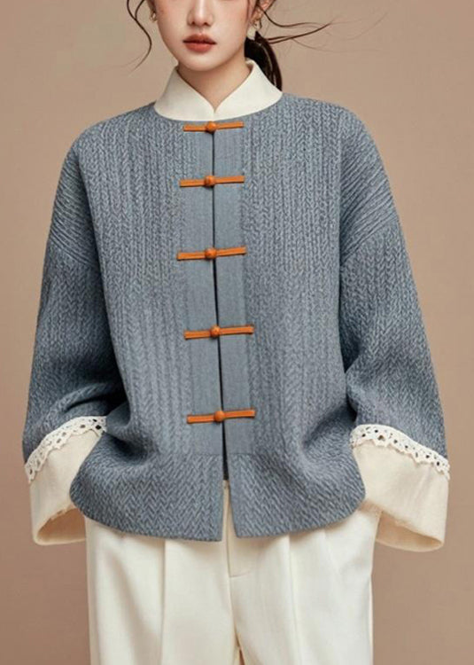 Grey Button Patchwork Cotton Coats Fall