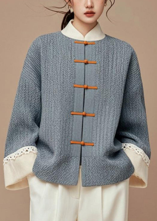 Grey Button Patchwork Cotton Coats Fall
