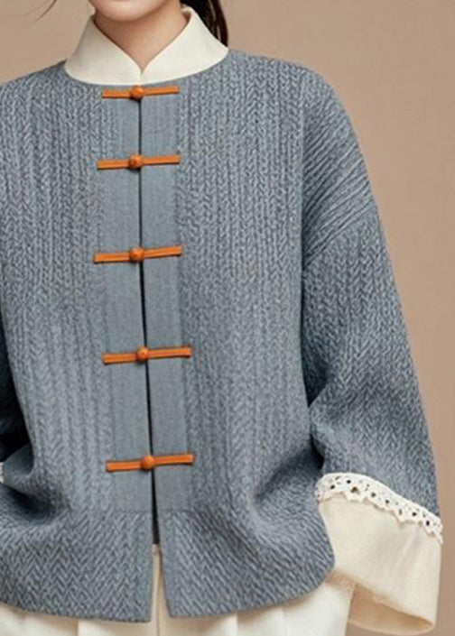 Grey Button Patchwork Cotton Coats Fall