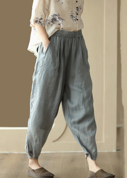 Grey Cozy Pockets High Waist Linen Harem Pants