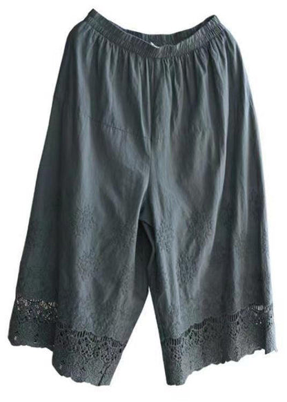Grey Embroidered Elastic Waist Cotton Crop Pants Summer
