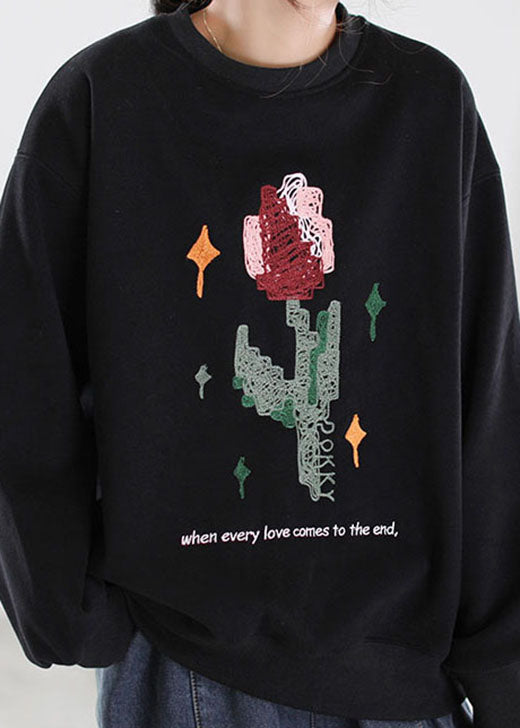Women Grey Embroideried Graphic Warm Fleece Sweatshirt Winter