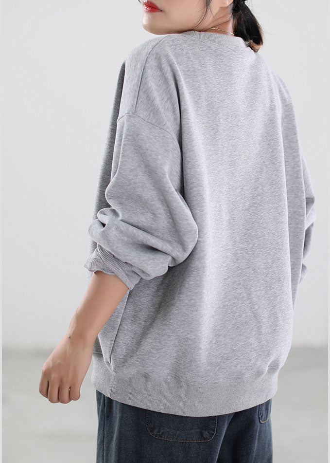 Grey Embroideried Graphic Warm Fleece Sweatshirt Winter