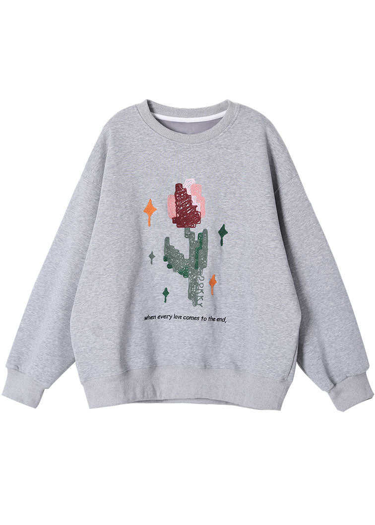 Grey Embroideried Graphic Warm Fleece Sweatshirt Winter
