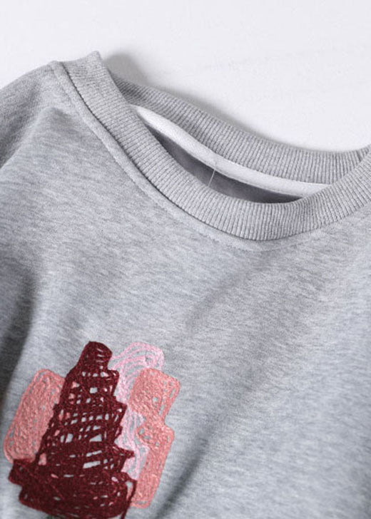 Grey Embroideried Graphic Warm Fleece Sweatshirt Winter
