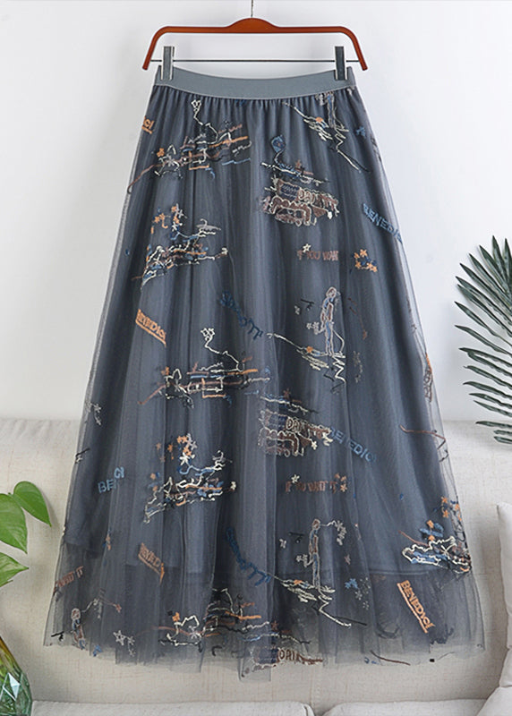 Grey Embroideried Letter Graphic Elastic Waist Skirts Summer