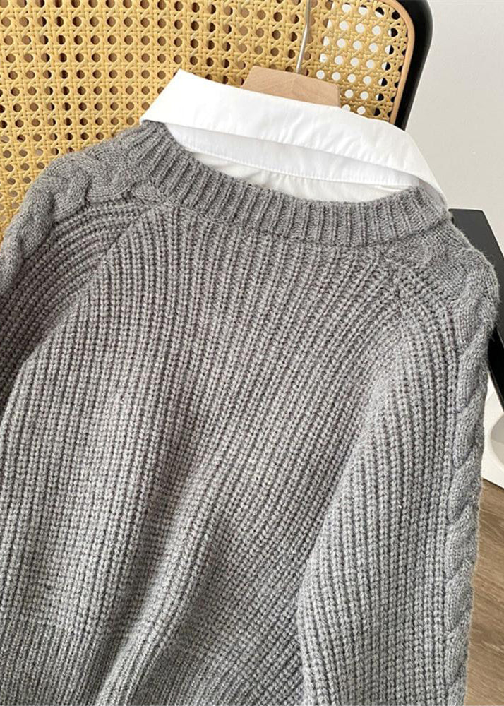 Grey False Two Pieces Patchwork Knit Pullover Spring